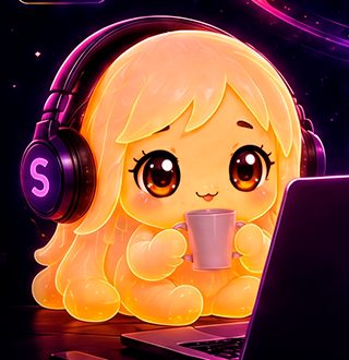 Sisi, mascote da Sigel, tomando café diante do notebook