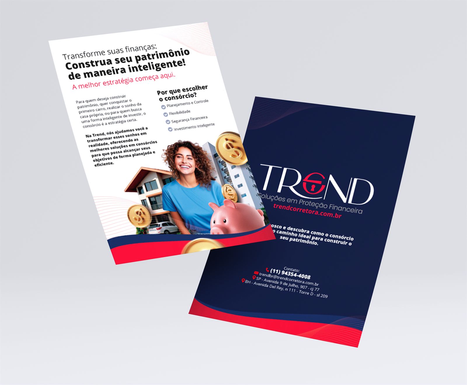 Folheto da Trend em mockup, frente e verso